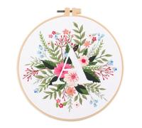 IUHUI Kit de broderie pour adultes débutants - 26 lettres florales motifs faciles, ensemble de broderie à la main avec cerceau (fleur et herbe lettre A)