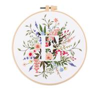 IUHUI Kit de broderie pour adultes débutants - 26 lettres florales motifs faciles, kit de broderie à la main avec cerceau (fleur et herbe lettre E)