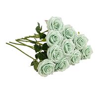 IUKnot Lot de 10 roses artificielles ouvertes - Vert sauge - Pour arrangement de mariage, bouquet de mariée, centre de table, fleurs artificielles en soie