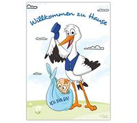 iulias Freude schenken! Bienvenue à la maison Baby and Mama - Grand poster DIN A2 pour la naissance - Affiche de bienvenue avec cigogne après la naissance d'un garçon/fils