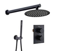 IUokLU Ensemble De Robinet De Douche De Salle De Bain Noir Mat, Robinet De Douche À Effet Pluie Mural, Système De Douche À Valve Thermostatique, Pommeau De Douche De 8
