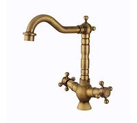 IUokLU Mitigeur d'évier de cuisine de style traditionnel, robinet de cuisine monobloc à bec pivotant en laiton massif, double levier, robinet de lavabo de cuisine rétro avec tuyaux