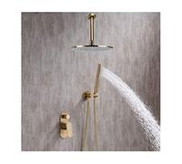 IUokLU Système De Douche avec Mitigeur De Plafond en Or Brossé, Ensemble De Douche Multifonction en Laiton À Poignée Unique avec Pommeau De Douche Rond Et Douchette À(A-10 Pouces)