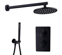 IUokLU Système De Douche avec Robinet Thermostatique Noir, Ensemble De Douche Mural Multifonction en Laiton À Double Poignée avec Pommeau De Douche Rond Et Douchette À(A-8 Pouces)