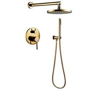 IUokLU Système De Douche, Mitigeur De Luxe en Laiton Doré Et Titane, Ensemble De Douche Mural Multifonction À Double Poignée avec Pommeau De Douche Rond Et Douchette (A-10 Pouces)