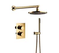 IUokLU Système De Douche Thermostatique en Titane Doré, Ensemble De Robinetterie Murale Multifonction en Laiton À Double Poignée avec Pommeau De Douche Rond Et Douche(A-12 Pouces)