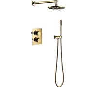 IUokLU Système De Douche Thermostatique, Robinet De Douche en Laiton Doré, Ensemble De Mitigeur Encastré, Ensemble De Système De Douche avec Pomme De Douche Et Flexib(Un)