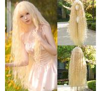 Iuscacey Perruque blonde longue bouclée Extra lâche Perruques de cosplay blonde longue avec frange Perruque de costume synthétique résistante à la chaleur 43 pouces,Noir