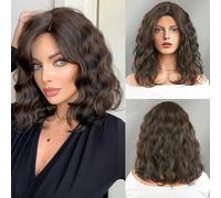 Iuscacey Perruques en cuivre ondulées moyennes de longueur d'épaule pour femme quotidienne Party Hair Bob Perruque Dark Root Highlight Blonde Perruque synthétique naturelle,Cold brown