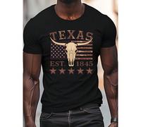Iv - T-shirt en coton ample avec imprimé vintage Americana crâne de vache & drapeau du Texas, convient pour le port décontracté en été, les événements du Texas & les tenues quotidiennes - Vêtements de