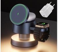 iVANKY 4 en 1 Chargeur sans fil pour iPhone 17 Station de recharge avec veilleuse, support de voyage 15 W 3 en 1 pour MagSafe chargeur pour iPhone 17/16/15, Apple iWatch, Airpods (avec Adaptateur 33W)