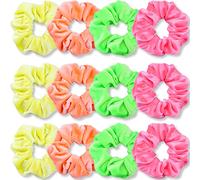 IVARYSS Lot de 12 chouchous fluo pour cheveux des années 80, en velours doux de qualité supérieure, bandes élastiques épaisses de couleurs unies, accessoires pour cheveux pour femmes et filles