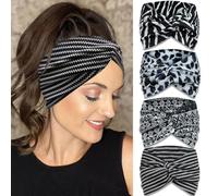 IVARYSS Lot de 4 bandeaux extra larges de style bohème antidérapants pour femme, 17,8 cm, grands nœuds torsadés, accessoires pour cheveux, blanc et noir