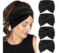 IVARYSS Lot de 4 bandeaux extra larges pour femme, antidérapants et noués torsadés de 17,8 cm, grands bandeaux élégants pour cheveux, à porter pour le yoga, la course à pied, l'entraînement, noir