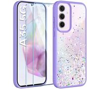 ivencase Coque compatible avec Samsung Galaxy A35 5G, silicone transparent paillettes + 2 films de protection d'écran en verre trempé, TPU souple antichoc - Violet