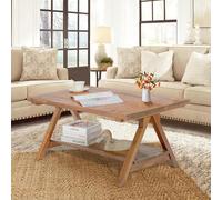 iVilla Table basse rustique rectangulaire à 2 niveaux en bois massif avec étagère ouverte de rangement, naturel