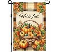 IVN Drapeau de jardin « Hello Fall Welcome » - Drapeau d'extérieur double face - Bannière de cour en forme de citrouille d'automne avec bac à carreaux