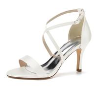 Ivoire 35, Femmes Croix Bandes Talon Bloc Escarpins Femme Chaussures de Mariée Été Peeptoe Sangle Cheville Chaussures de Mariage