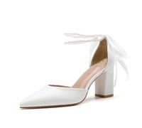 IvoireCh Chaussures de mariage pour femme en blanc perle pour mariée avec talons hauts, bouts pointus, escarpins de mariage en satin avec talons bloc, chaussures de bal, de fête, de soirée, blanc, 36