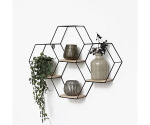 IVOL Étagère murale alvéolée en métal, à 4 tablettes en bois, 40,5 x 58 cm, noire