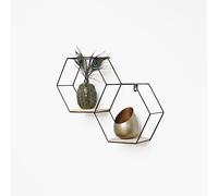 IVOL Étagère murale double hexagonale en métal, avec 2 tablettes en bois, 30,5 x 41 cm, noire
