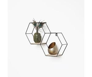 IVOL Étagère murale double hexagonale en métal, avec 2 tablettes en bois, 30,5 x 41 cm, noire