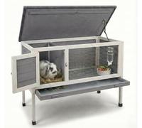 IvoQ Clapier à lapins en bois 91,5x45x70 cm - Certifié FSC - Intérieur et extérieur - Avec toit ouvert & tiroir coulissant - Toit imperméable - Gris/Blanc - Durable & Respectueux des animaux