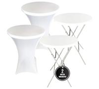IvoQ Tables Debout Lot de 2 avec Housses Blanches Ø80x110 cm - Tables de Fête Pliantes avec Plateau HDPE Résistant à l'eau et Cadre en Acier - Idéal pour Fêtes, Mariages & Evénements