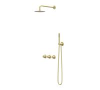 IVY Pact Ensemble douche pluie - encastrable - symétrie - 2 robinets d'arrêt - bras mural 40 cm - pomme de douche medium 25 cm - support avec sortie - flexible de douche 150 cm - douchette stick - Or