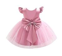 IWEMEK Bébé Fille Robe à Tutu en Tulle à Manches volantées Dos Nu nœud Papillon et Perles Robes de fête Anniversaire Mariage Princesse Cérémonie Baptême Première Communion Rose 12-18 Mois