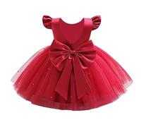 IWEMEK Bébé Fille Robe à Tutu en Tulle à Manches volantées Dos Nu nœud Papillon et Perles Robes de fête Anniversaire Mariage Princesse Cérémonie Baptême Première Communion Rouge 6-12 Mois