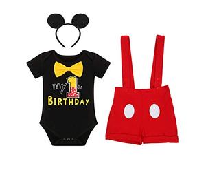 IWEMEK Bébé Garçon 1er Anniversaire Costume De Souris Photographie Noeud Papillon Barboteuse + Bretelles + Shorts Pantalons + Bandeau d'oreille Gentleman Vêtements #A: Noir Mon 1er Points 6-12 mois