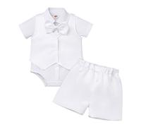 IWEMEK Bébé Garçons Gentleman Vêtements Tenue Chemise Barboteuse Manches Courtes Gilet Nœud Papillon Pantalon Costume Baptême Fête Anniversaire Cérémonie Mariage Ensemble Été Blanc 0-6 mois