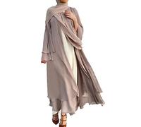 IWEMEK Cardigan Femme Musulmane Long en Mousseline de Soie Robe Prière Unie Manches Bouffantes Foulard Abaya Ouverte Dubai Arabe Islamique Moyen-Orient Jellaba Kaftan Ramadan Soirée Kaki XL