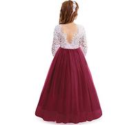 IWEMEK Cils Dos Nu V-Back Dentelle Tulle Maxi Robe Manche Longue Fille Mariage Honneur Robes de Bal Ceremonie Première Communion Soirée Anniversaire Fête Robes pour Enfants Vin Rouge 2-3 Ans