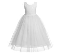 IWEMEK Cils Dos Nu V-Back Dentelle Tulle Maxi Robe Manche Longue Fille Mariage Honneur Robes de Bal Ceremonie Première Communion Soirée Anniversaire Fête Robes pour Enfants #Blanc 13-14 Ans
