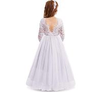 IWEMEK Cils Dos Nu V-Back Dentelle Tulle Maxi Robe Manche Longue Fille Mariage Honneur Robes de Bal Ceremonie Première Communion Soirée Anniversaire Fête Robes pour Enfants Blanc 5-6 Ans