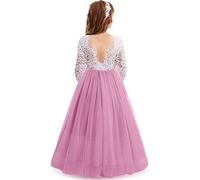 IWEMEK Cils Dos Nu V-Back Dentelle Tulle Maxi Robe Manche Longue Fille Mariage Honneur Robes de Bal Ceremonie Première Communion Soirée Anniversaire Fête Robes pour Enfants Rose Profond 5-6 Ans