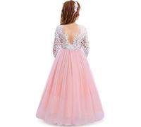IWEMEK Cils Dos Nu V-Back Dentelle Tulle Maxi Robe Manche Longue Fille Mariage Honneur Robes de Bal Ceremonie Première Communion Soirée Anniversaire Fête Robes pour Enfants Rose 5-6 Ans
