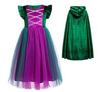 IWEMEK Déguisement Hocus Pocus Sorcière Enfant Robe Tutu pour Fille avec Cape et Perruque - Costume Halloween Élégant en Tulle Multilayer de Carnaval Vert 160