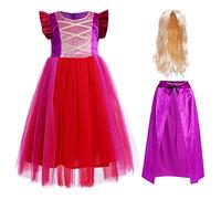 IWEMEK Déguisement Hocus Pocus Sorcière Enfant Robe Tutu pour Fille avec Cape et Perruque - Costume Halloween Élégant en Tulle Multilayer de Carnaval Violet + perruque 150