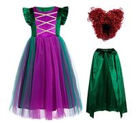 IWEMEK Déguisement Hocus Pocus Sorcière Enfant Robe Tutu pour Fille avec Cape et Perruque - Costume Halloween Élégant en Tulle Multilayer de Carnaval Vert + perruque 150