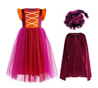 IWEMEK Déguisement Hocus Pocus Sorcière Enfant Robe Tutu pour Fille avec Cape et Perruque - Costume Halloween Élégant en Tulle Multilayer de Carnaval Brun rouge + perruque 160
