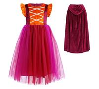 IWEMEK Déguisement Hocus Pocus Sorcière Enfant Robe Tutu pour Fille avec Cape et Perruque - Costume Halloween Élégant en Tulle Multilayer de Carnaval Vin rouge 110