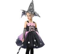 IWEMEK Déguisement Sorcière Fille Halloween pour enfant avec Chapeau - Robe Princesse Ajustable en Tulle Volumineux pour Costume Fête de Carnaval Le rose M