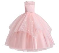 IWEMEK Enfant Fille Robe Ceremonie Mariage Longue Carnaval Tutu sans Manches Robes Bapteme de Communion d'anniversaire du Soir Communion Anniversaire Fête Robe de Mariée Rose 130