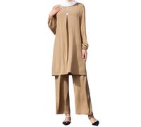 IWEMEK Ensemble musulman islamique deux pièces à manches longues et col rond caftan robe abaya haut avec pantalon ample à jambes larges tenue Ramadan Moyen-Orient Dubaï vêtements, kaki, XXL