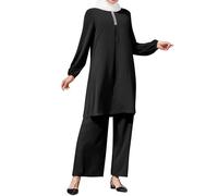 IWEMEK Ensemble musulman islamique deux pièces à manches longues et col rond caftan robe abaya haut avec pantalon ample à jambes larges tenue Ramadan Moyen-Orient Dubaï vêtements, Noir , S