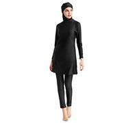 IWEMEK Ensembles Rashguard Maillots de Bain Femmes Modeste Burkini Musulman Solide à Manches Longues Haut de Bain + Pantalon + Hijab 3PCS Islamique Arabic Beachwear Noir M