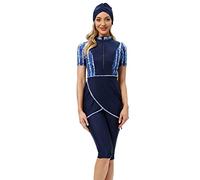 IWEMEK Femme Musulman Modeste Maillot de Bain Imprimé Burkini avec Jupe Couverture Complète Manches Courtes+ Shorts+ Hijab Islamique Arabe Natation Plage Surf 3 Pièces #1 Bleu L